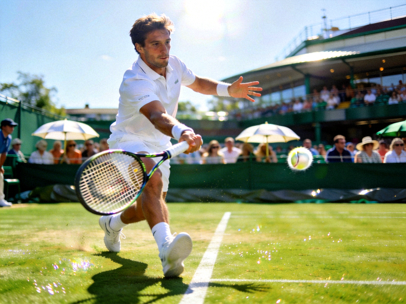 温布尔登网球锦标赛草地赛场，选手挥拍击球瞬间