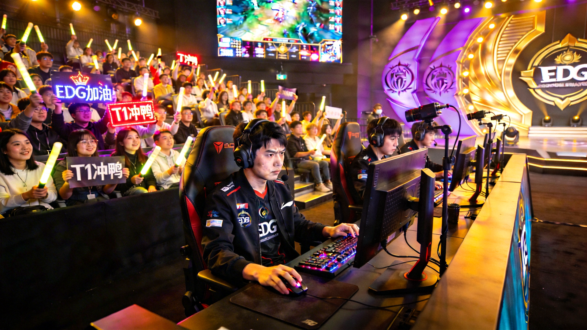 英雄联盟全球总决赛现场，选手专注比赛，观众热情